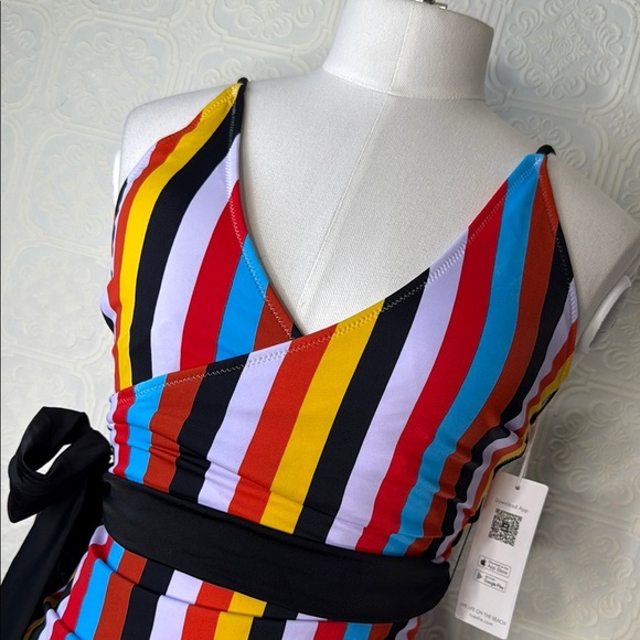 Cupshe | Multi Color Stripe Front Cross One Piece Swimsuit, Black Belt, NWT - Picture 7 of 11